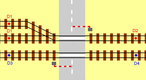 diagram for double track level crossing showing location of detectors for a converging line